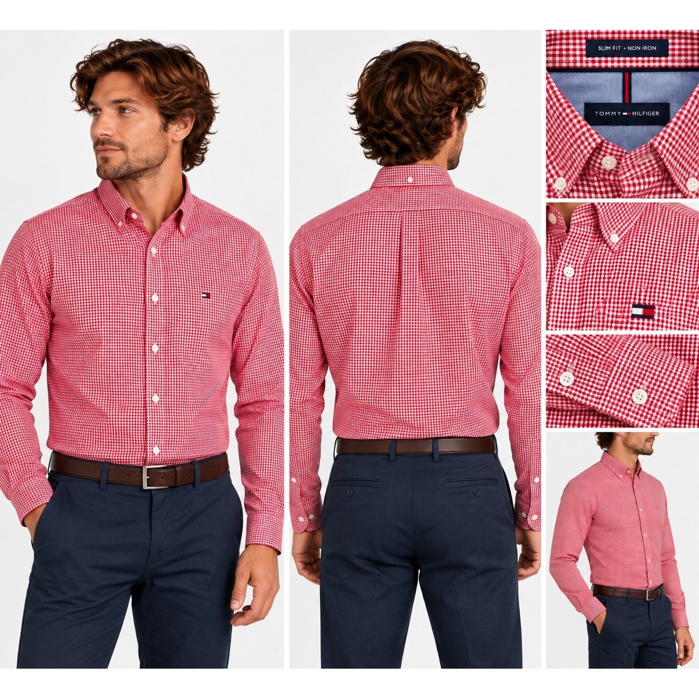 Tommy Hilfiger Mens 16 34/35 Slim Fit Non Iron Shirt Red Gingham Check